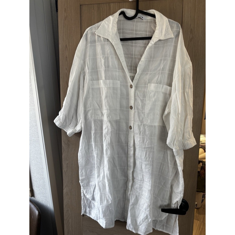 Zara White Button Down Swim Cover Size L Vacation Lagenlook Cotton